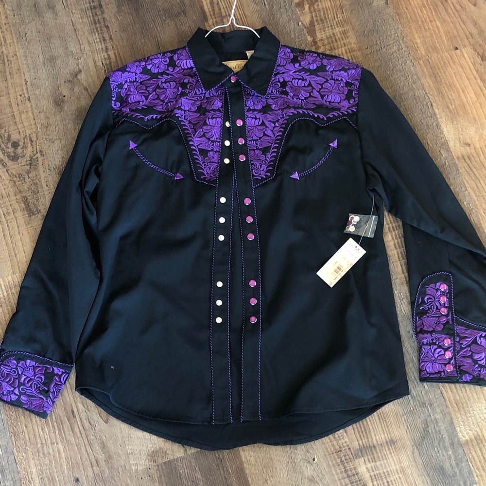 Scully Black Western Shirt with Purple Floral Yoke and Cuffs